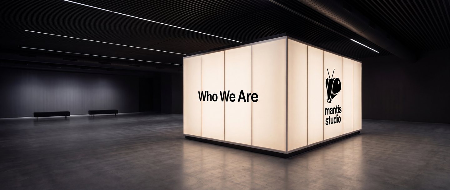 A glowing warm-white lightbox cube in a dark, empty industrial hall. Its left face reads Who We Are in black type; its right face shows the Mantis Studio logo, a mantis-face symbol above the words mantis studio.