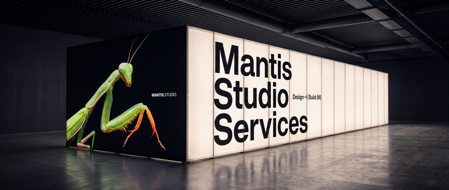 A glowing lightbox pavilion in a dark industrial hall. Its black end panel shows a large green praying mantis with raised orange-red forelegs beside a small Mantis.Studio wordmark; its long white side reads Mantis Studio Services in bold black type.